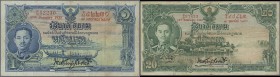 Thailand: Government of Siam 1 and 20 Baht 1935 King Rama VIII, P.22, 25, both with several folds and lightly stained paper. Condition: F+ (2 pcs.)
