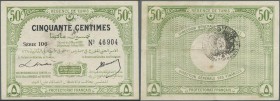 Tunisia: 50 Centimes 1920 P. 48, horizontal and vertical fold, still strong paper and nice colors, condition: VF.