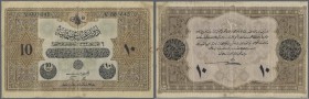 Turkey: 10 Livres 1916 P. 92, used with several folds and creases, no tears, a small piece of tape at right border, paper still with some strongness l...