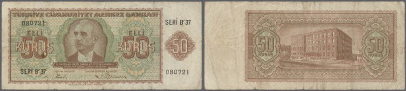 Turkey: 50 Kurus ND(1944) P. 134, used with several folds and staining in paper,...