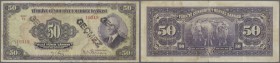 Turkey: 50 Lira ND(1942) P. 142a, 3 stronger vertical folds, stamped 3 times on front, no holes or tears, condition: F- to F.