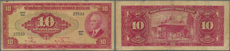 Turkey: 10 Lira L. 1930 (1947-1948) P.147, yellowed paper with many folds and so...