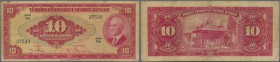 Turkey: 10 Lira L. 1930 (1947-1948) P.147, yellowed paper with many folds and some spots at upper left margin. Condition: F-