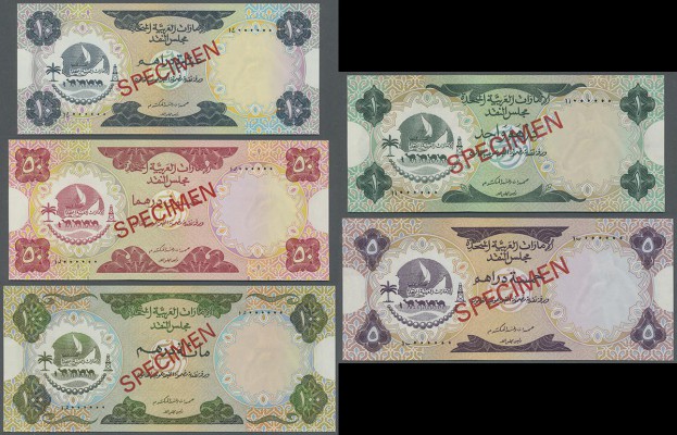 United Arab Emirates: set of 5 SPECIMEN banknotes containing the denominations 1...