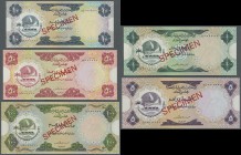 United Arab Emirates: set of 5 SPECIMEN banknotes containing the denominations 1, 5, 10, 50 and 100 Dirhams ND(1973-76) with red Specimen overprint an...