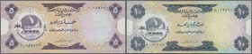 United Arab Emirates: set of 2 banknotes 5 and 10 Dirhams ND(1973) P. 2, 3, both in similar condition with light folds but strong paper and original c...