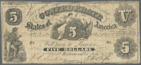United States of America - Confederate States: 5 Dollars 1861, P.8 in heavily used condition with restored back side. Even in this condition a very ra...