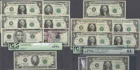 United States of America: Set with 14 Banknotes all with Radar serial numbers containing 1 Dollar 1963A with serial E 00001221 F, 1 Dollar 1974 with s...