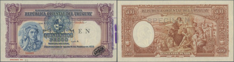 Uruguay: 500 Pesos 1935 Specimen P. 32s with specimen perforation, zero serial n...