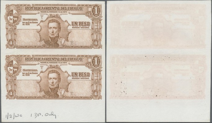 Uruguay: set of 2 uncut notes 1 Peos 1939 uniface Proof P. 35s/p in condition: U...