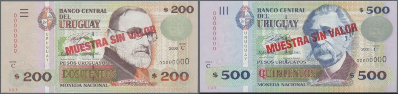 Uruguay: set of 2 notes containing 200 and 500 Pesos 2006 Specimen P. 89s, 90s i...