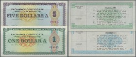Vietnam: 1 Dollar and 5 Dollars Foreign Exchange Cerificates 1981, P.FX8b, 9b in UNC (2 pcs.)