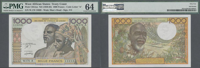 West African States: 1000 Francs ND(1959-65) P. 103Am letter ”A” for IVORY COAST...