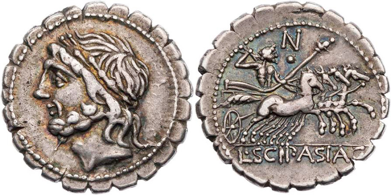 RÖMISCHE REPUBLIK
L. Cornelius Scipio Asiagenus, 106 v. Chr. AR-Denar (Serratus...