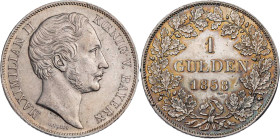 BAYERN HERZOGTUM, SEIT 1623 KURFÜRSTENTUM, SEIT 1806 KÖNIGREICH
Maximilian II., 1848-1864. Gulden 1858 AKS 151; J. 82. kl. Kratzer, fast vz