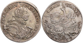 BRANDENBURG - PREUSSEN PREUSSEN, KÖNIGREICH
Friedrich II., 1740-1786. 1/4 Taler 1752 B Breslau Vs.: geharnischtes Brustbild n. r., Rs.: Adler auf Waf...