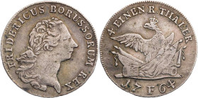 BRANDENBURG - PREUSSEN PREUSSEN, KÖNIGREICH
Friedrich II., 1740-1786. 1/4 Taler 1764 F Magdeburg Vs.: Büste mit Lorbeerkranz n. r., Rs.: Adler auf Wa...