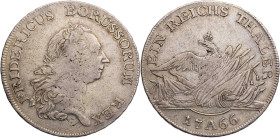 BRANDENBURG - PREUSSEN PREUSSEN, KÖNIGREICH
Friedrich II., 1740-1786. Reichstaler 1766 A Berlin Vs.: Büste mit Lorbeerkranz n. r., Rs.: Adler auf Waf...