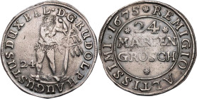 BRAUNSCHWEIG UND LÜNEBURG BRAUNSCHWEIG-WOLFENBÜTTEL, FÜRSTENTUM
Rudolf August, 1666-1685. 24 Mariengroschen 1675 Zellerfeld Vs.: Wilder Mann fasst Ta...