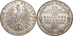 FRANKFURT STADT
 Doppelgulden 1855 Auf die 300-Jahrfeier des Religionsfriedens AKS 42; J. 49; Thun 138. winz. Kratzer, Druckstelle, sonst vz