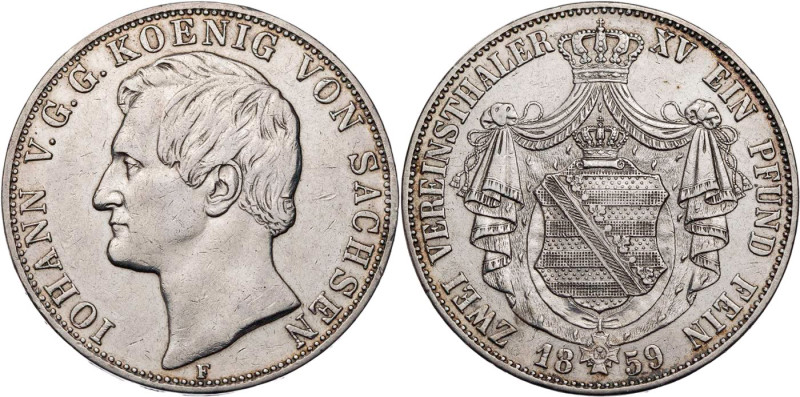 SACHSEN SACHSEN, KÖNIGREICH
Johann, 1854-1873. Doppelter Vereinstaler 1859 F AK...