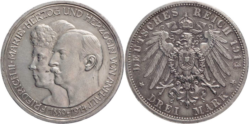 REICHSSILBERMÜNZEN ANHALT
Friedrich II., 1904-1918. 3 Mark 1914 A Zur Silbernen...