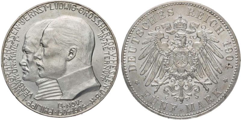 REICHSSILBERMÜNZEN HESSEN
Ernst Ludwig, 1892-1918. 5 Mark 1904 (A) Zum 400. Geb...