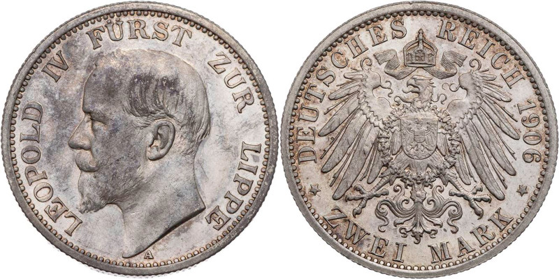 REICHSSILBERMÜNZEN LIPPE
Leopold IV., 1904-1918. 2 Mark 1906 A J. 78. kl. Kratz...