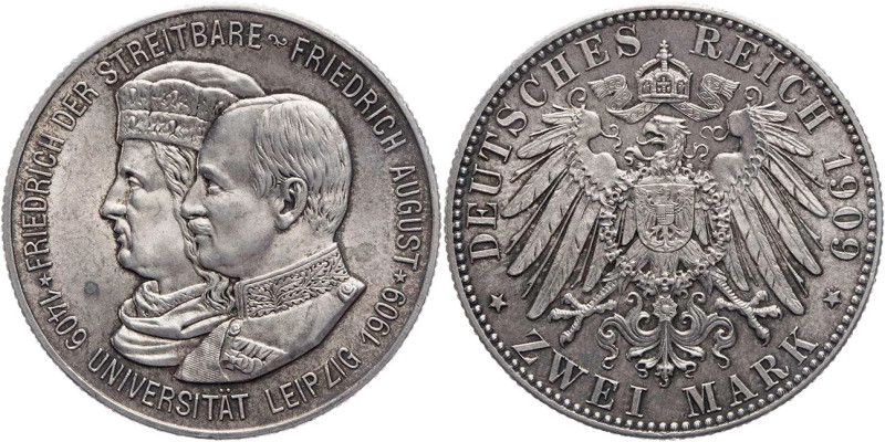 REICHSSILBERMÜNZEN SACHSEN
Friedrich August III., 1904-1918. 2 Mark 1909 (E) Zu...