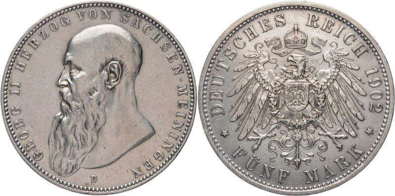 REICHSSILBERMÜNZEN SACHSEN-MEININGEN
Georg II., 1866-1914. 5 Mark 1902 D J. 153...