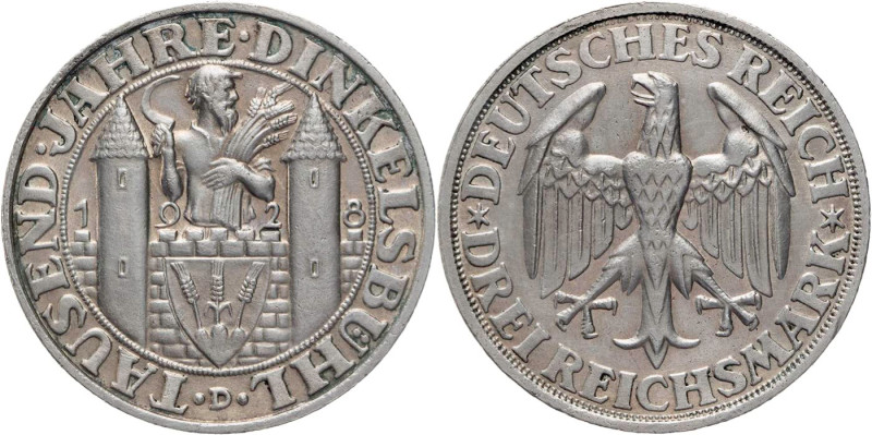 WEIMARER REPUBLIK
 3 Reichsmark 1928 D 1000 Jahre Dinkelsbühl J. 334. kl. Randf...