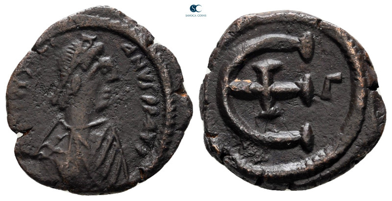 Justinian I AD 527-565. Theoupolis (Antioch)
Pentanummium Æ

16 mm, 2,44 g
...