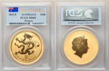 Elizabeth II gold "Year of the Dragon" 100 Dollars 2012-P MS69 PCGS, Perth mint, KM1674. First Strike holder. Mintage: 38. 

HID09801242017

© 2022 He...