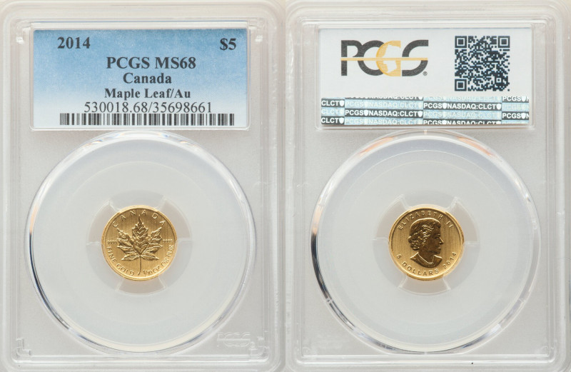 Elizabeth II gold "Maple Leaf" 5 Dollars 2014 MS68 PCGS, Royal Canadian mint, KM...