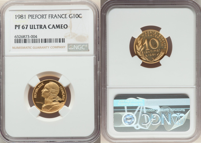 Republic gold Proof Piefort 10 Centimes 1981 PR67 Ultra Cameo NGC, KM-P691. Mint...