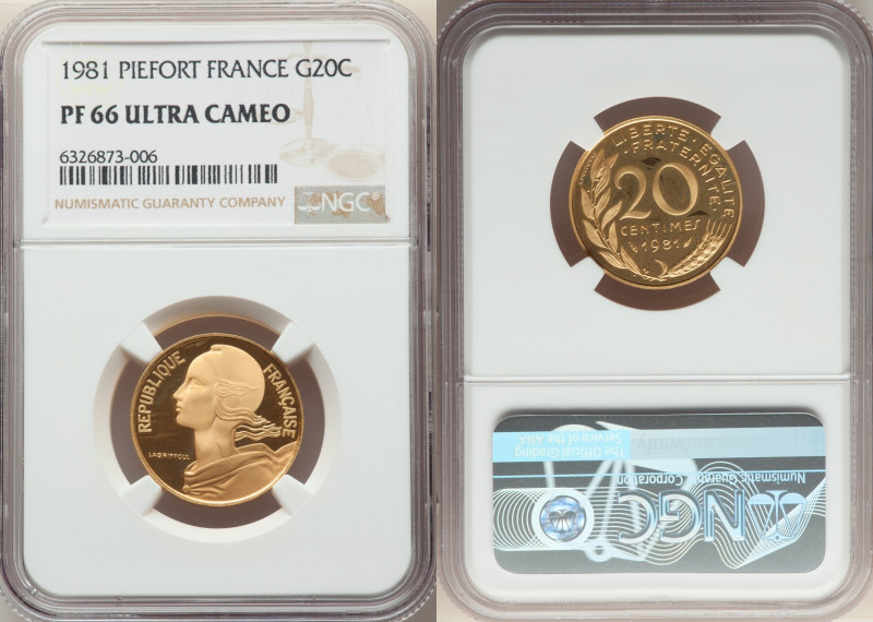 Republic gold Proof Piefort 20 Centimes 1981 PR66 Ultra Cameo NGC, KM-P694. Mint...