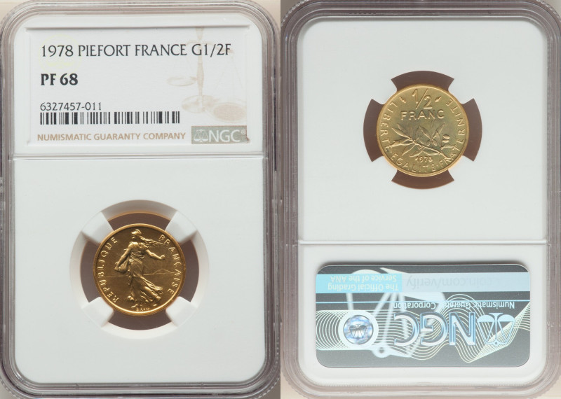 Republic gold Proof Piefort 1/2 Franc 1978 PR68 NGC, KM-P607. Mintage: 150. Acco...