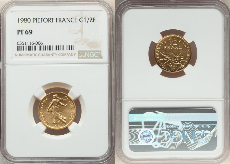 Republic gold Proof Piefort 1/2 Franc 1980 PR69 NGC, Paris mint, KM-P667. Mintag...