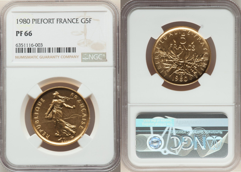 Republic gold Proof Piefort "Sower" 5 Francs 1980 PR66 NGC, Paris mint, KM-P676....