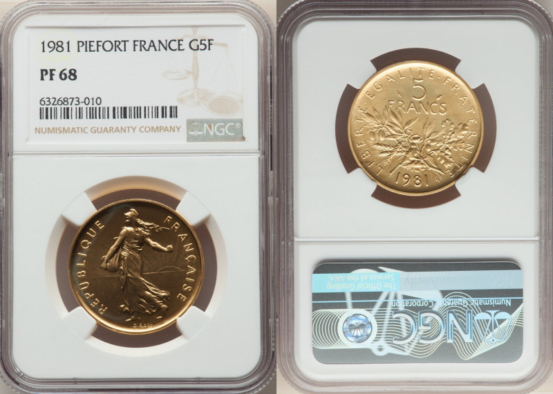 Republic gold Proof Piefort "Sower" 5 Francs 1981 PR68 NGC, KM-P709. Mintage of ...