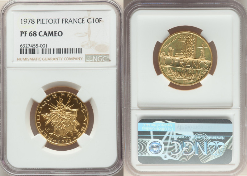 Republic gold Proof Piefort 10 Francs 1978 PR68 Cameo NGC, KM-P618. Mintage: 150...