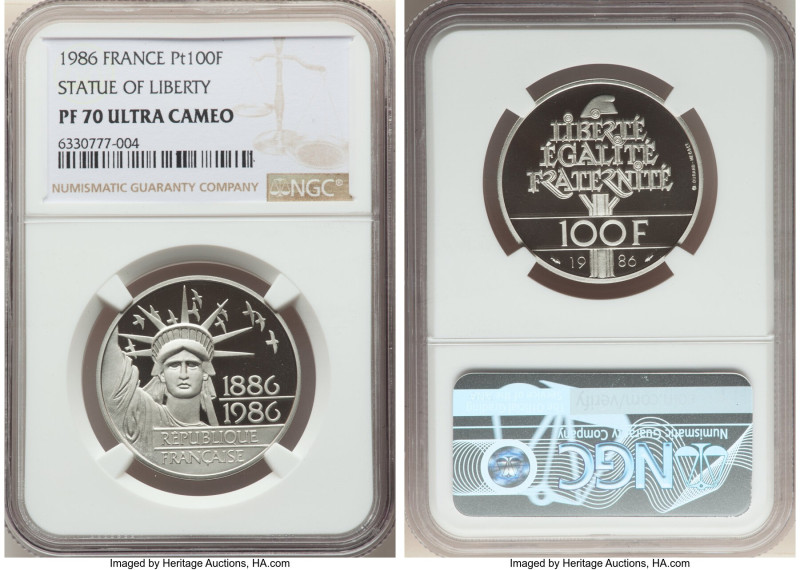 Republic platinum Proof "Statue of Liberty" 100 Francs 1986 PR70 Ultra Cameo NGC...