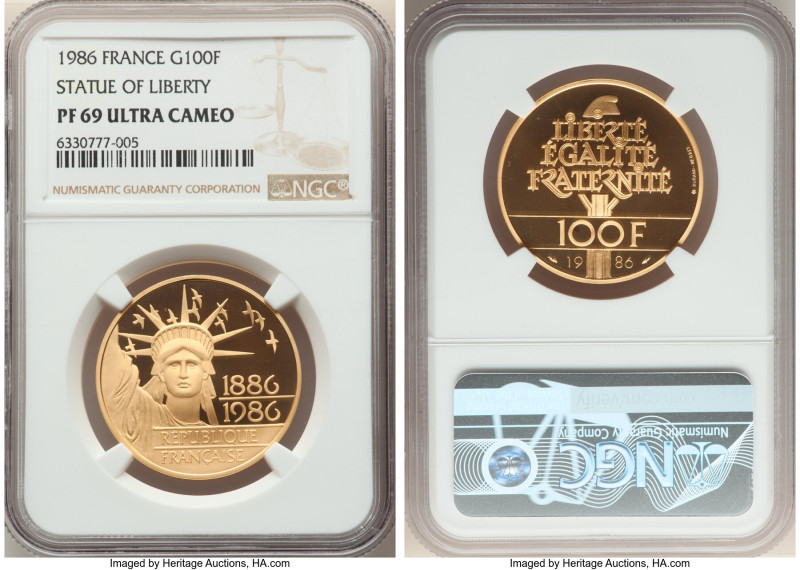 Republic gold Proof "Statue of Liberty" 100 Francs 1986 PR69 Ultra Cameo NGC, KM...