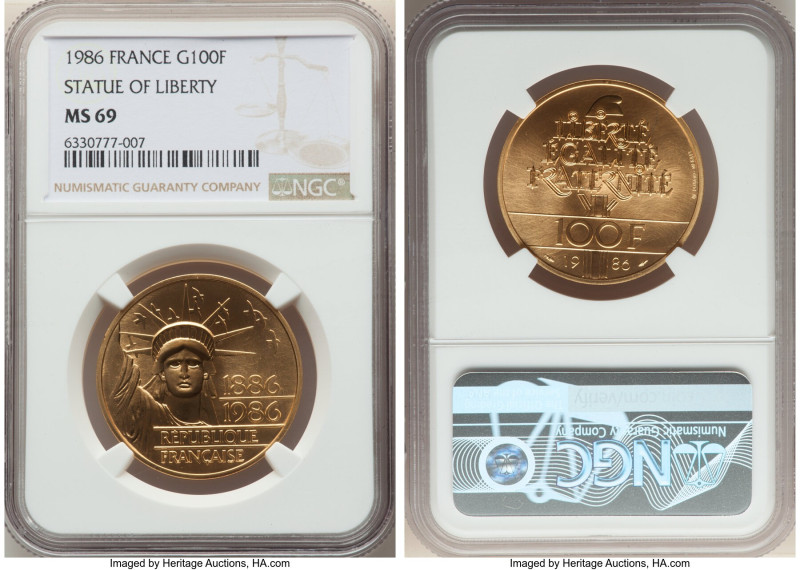 Republic gold Proof "Statue of Liberty" 100 Francs 1986 MS69 NGC, KM960b. Mintag...