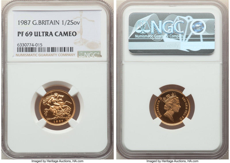 Elizabeth II gold Proof 1/2 Sovereign 1987 PR69 Ultra Cameo NGC, KM942. Sold wit...