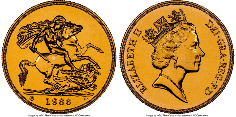 Elizabeth II gold 5 Pounds 1986 MS67 Prooflike NGC, KM945, S-SE4. Mintage: 7,723...