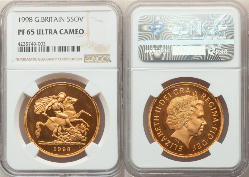 Elizabeth II gold Proof 5 Pounds 1998 PR65 Ultra Cameo NGC, KM1003, S-SE7. Minta...