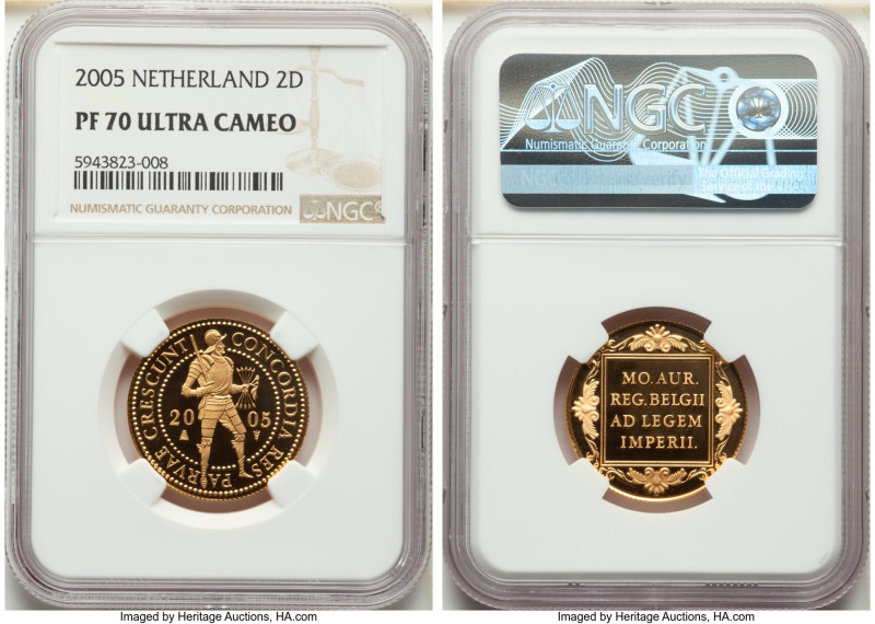 Beatrix gold Proof 2 Ducat 2005-B PR70 Ultra Cameo NGC, KM211. Mintage: 3,500. 
...