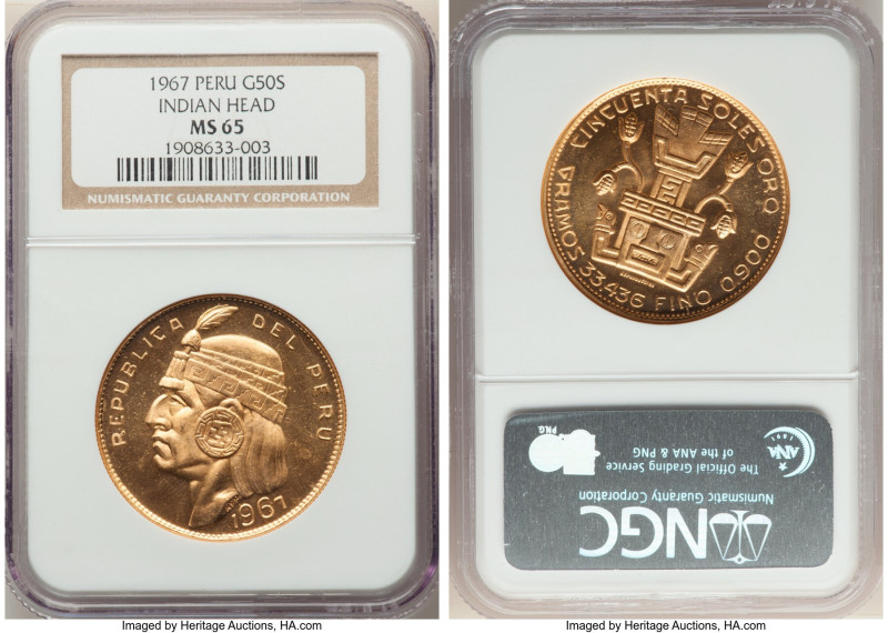 Republic gold "Inca" 50 Soles 1967 MS65 NGC, Lima mint, KM219, Fr-77. 

HID09801...