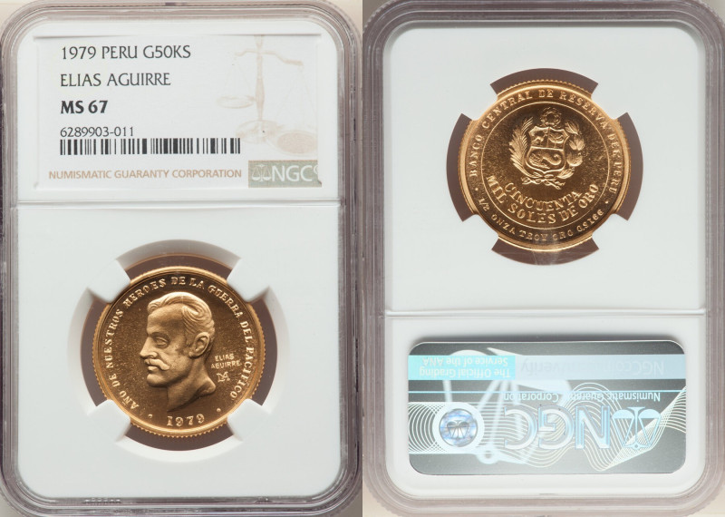 Republic gold "Elias Aguirre" 50000 Soles 1979-LM MS67 NGC, Lima mint, KM278. Mi...